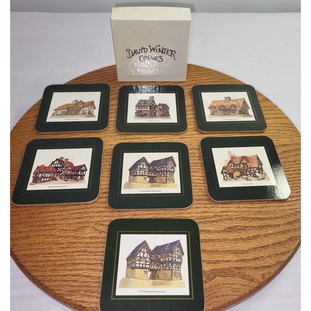 David Winter Cottages Coasters Set of 7 Cork Backed English Village Scenes UK
